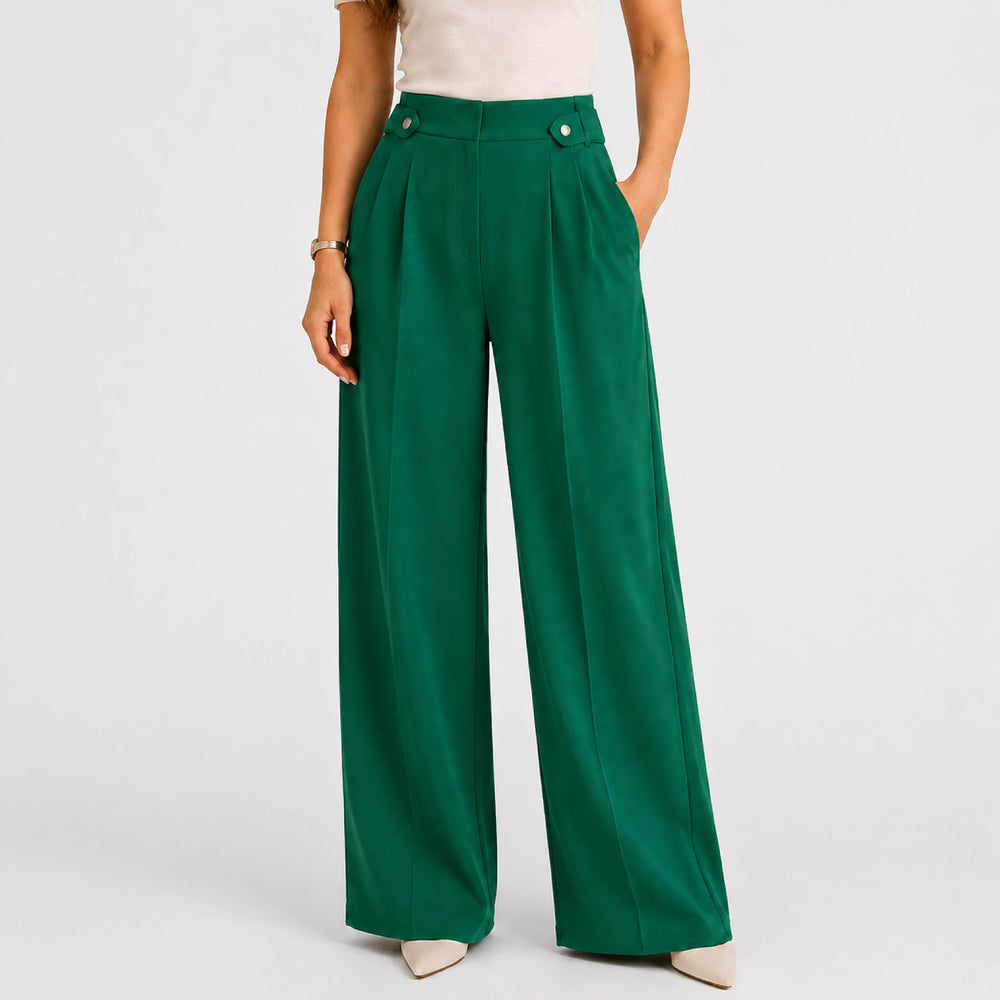 High-Waisted Pleated Button-Tab Wide-Leg Emerald Green Trousers