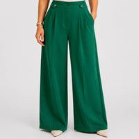 High-Waisted Pleated Button-Tab Wide-Leg Emerald Green Trousers