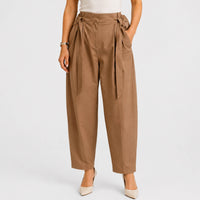 High-Waisted Tie-Waist Pleated Tapered Camel Trousers