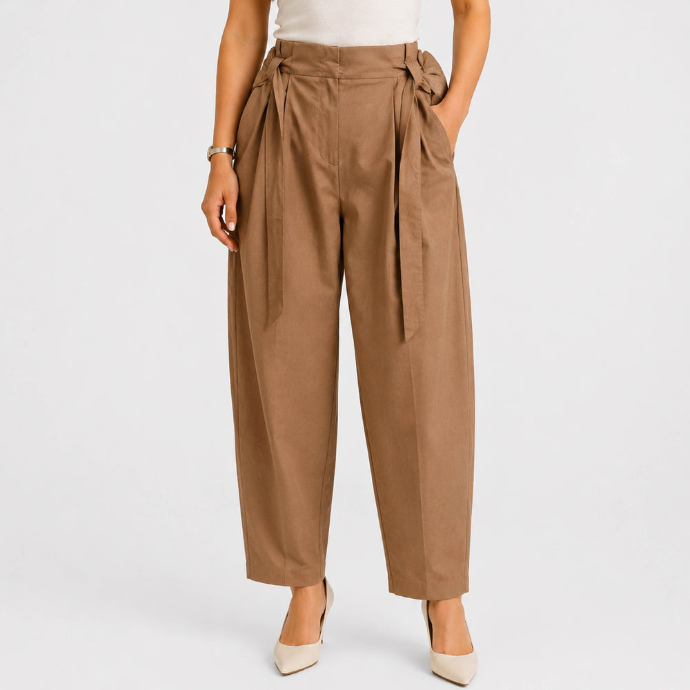 High-Waisted Tie-Waist Pleated Tapered Camel Trousers