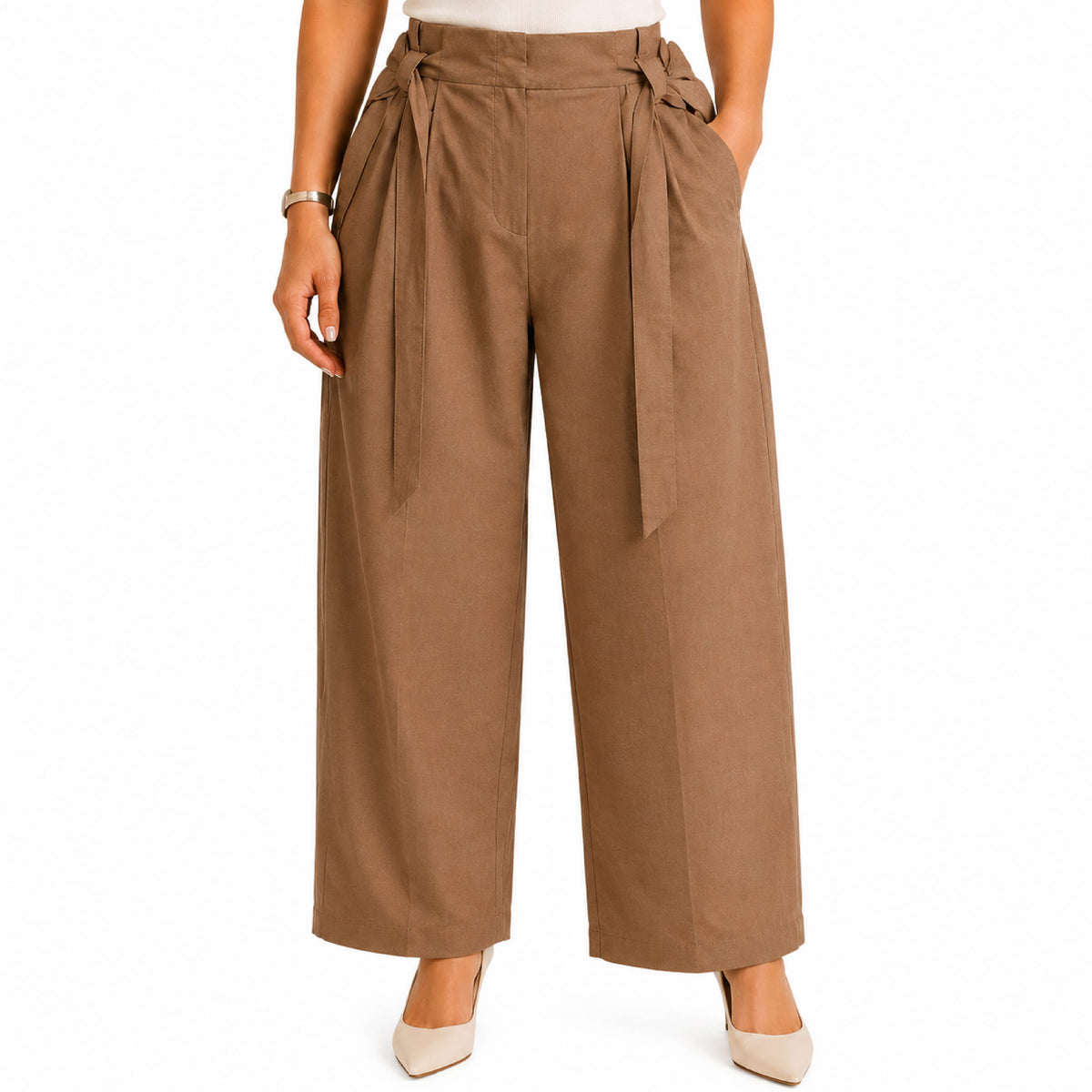 High-Waisted Tie-Waist Pleated Tapered Camel Trousers