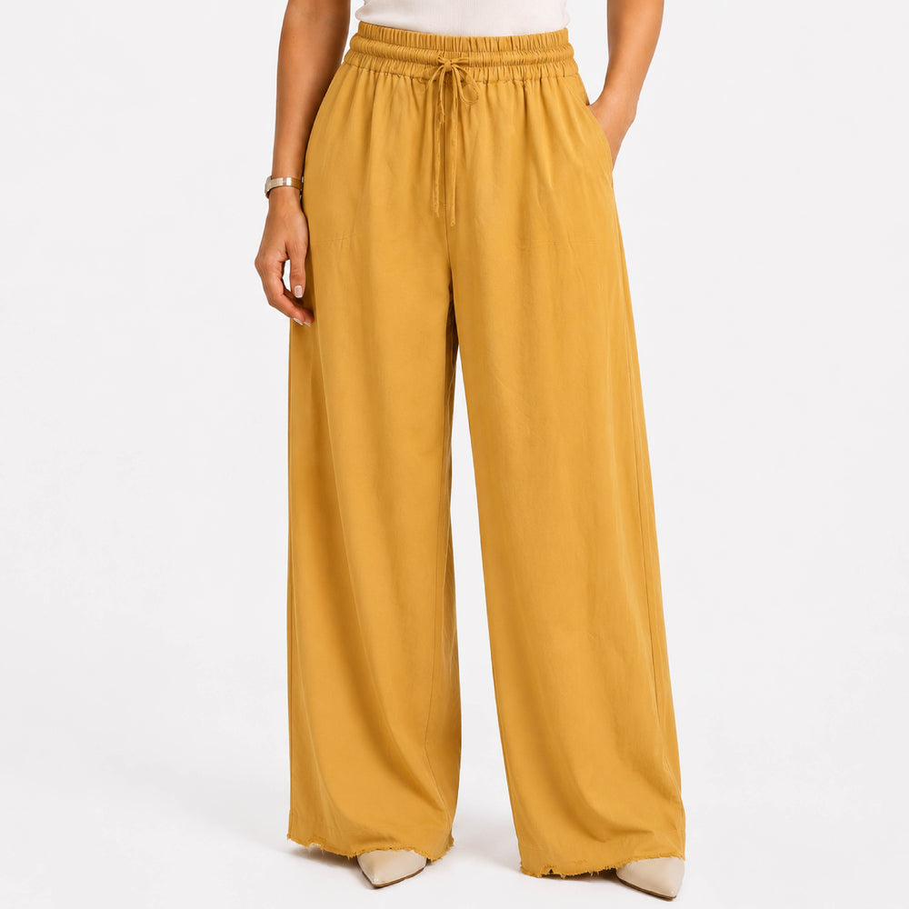 High-Waisted Drawstring Elastic Wide-Leg Mustard Yellow Trousers