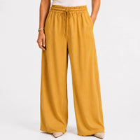 High-Waisted Drawstring Elastic Wide-Leg Mustard Yellow Trousers