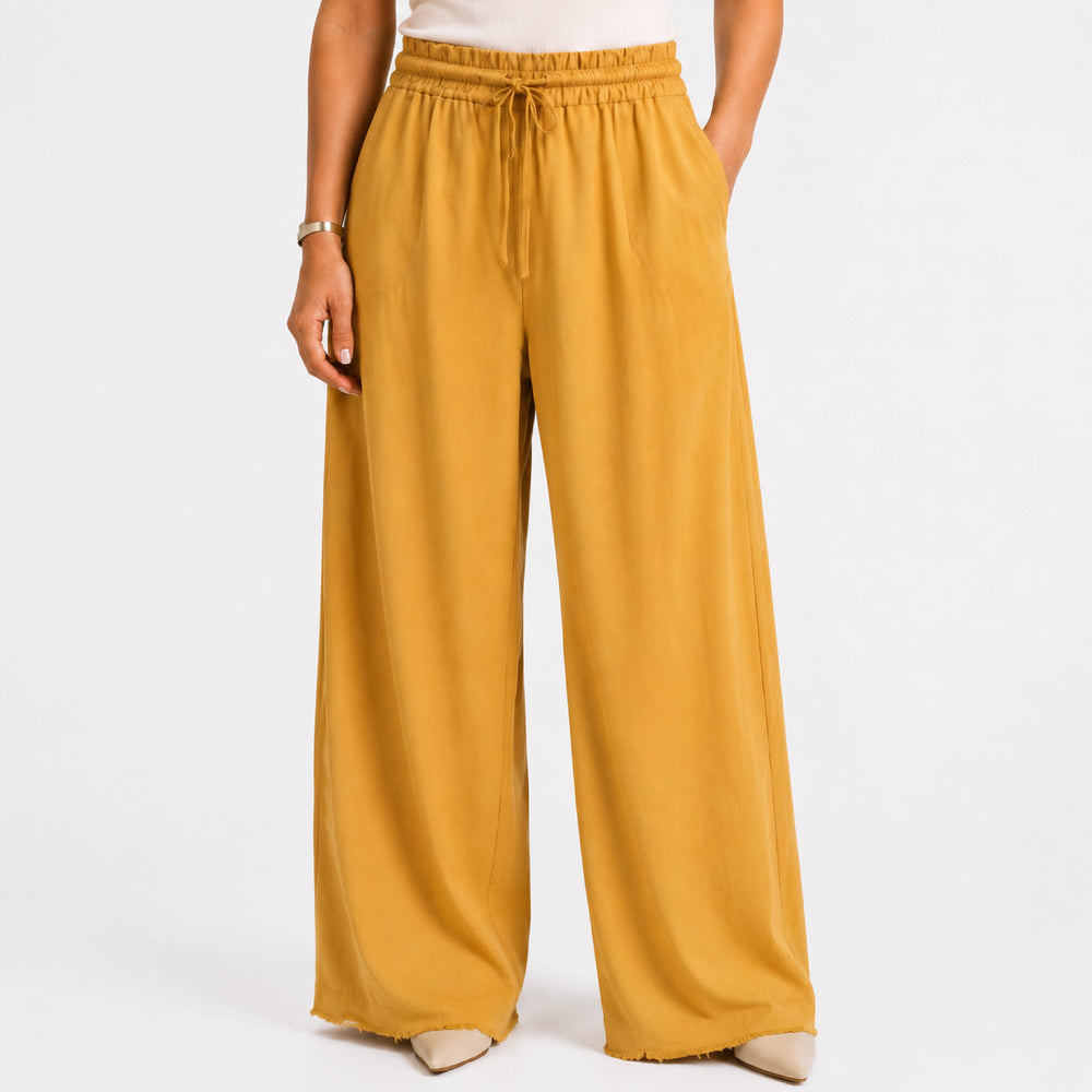 High-Waisted Drawstring Elastic Wide-Leg Mustard Yellow Trousers - Back