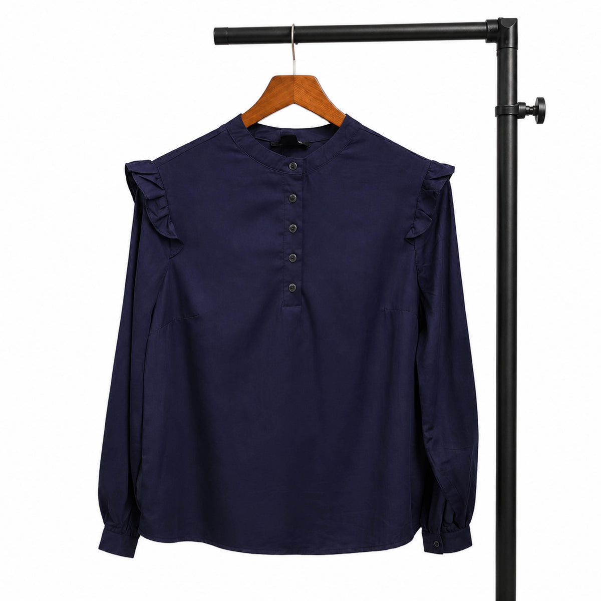 Ruffled Shoulder Mandarin Collar Navy Blue Blouse
