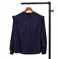 Ruffled Shoulder Mandarin Collar Navy Blue Blouse