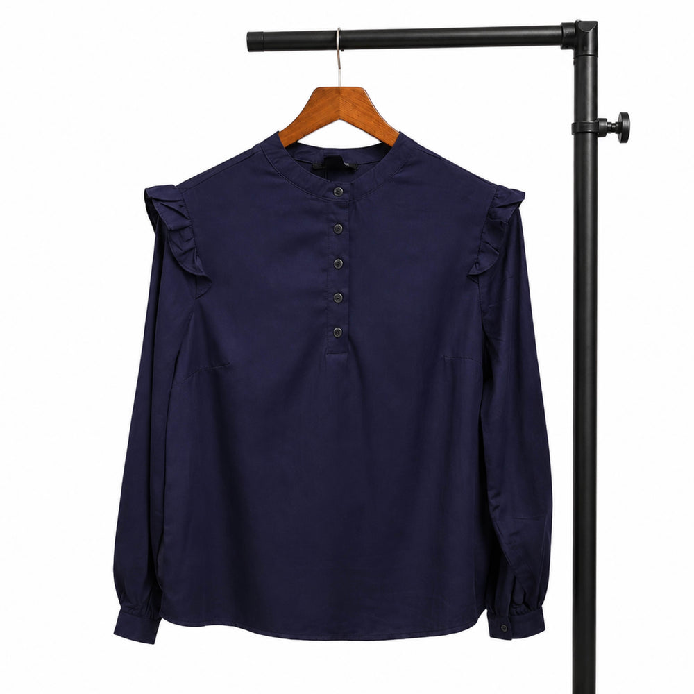 Ruffled Shoulder Mandarin Collar Navy Blue Blouse - Back