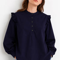 Ruffled Shoulder Mandarin Collar Navy Blue Blouse