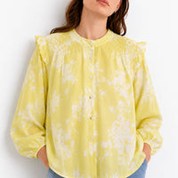 Smocked Floral Ruffled Shoulder Yellow Button-Down Shirt