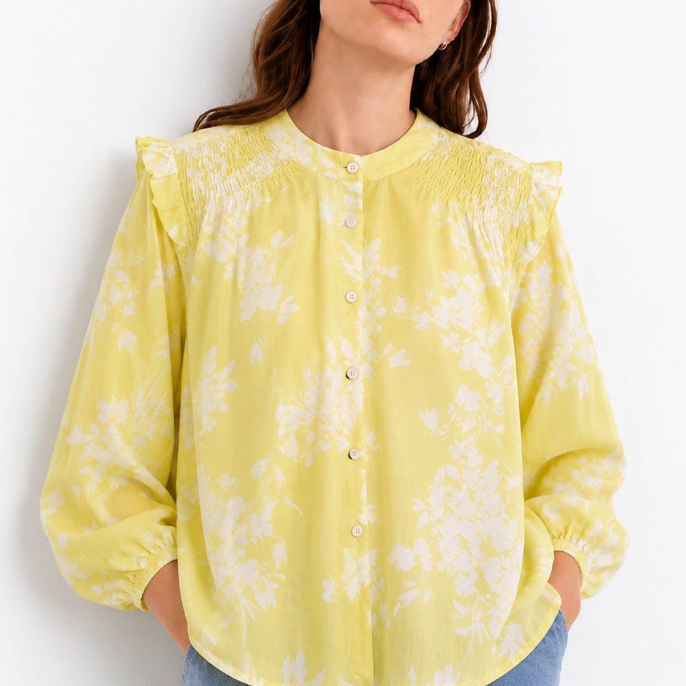 Smocked Floral Ruffled Shoulder Yellow Button-Down Shirt