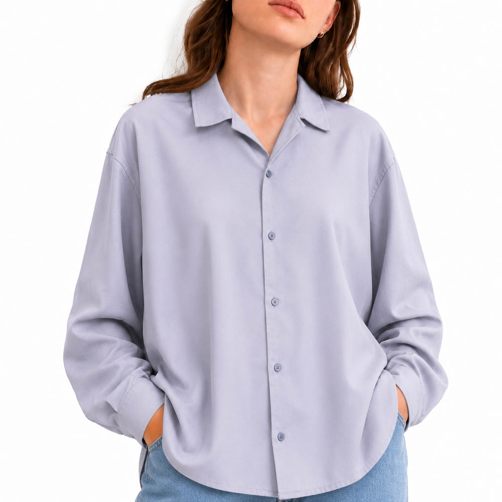 Relaxed Camp Collar Long-Sleeve Shirt in Soft Lavender