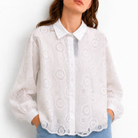 Embroidered Eyelet Lace White Button-Down Shirt