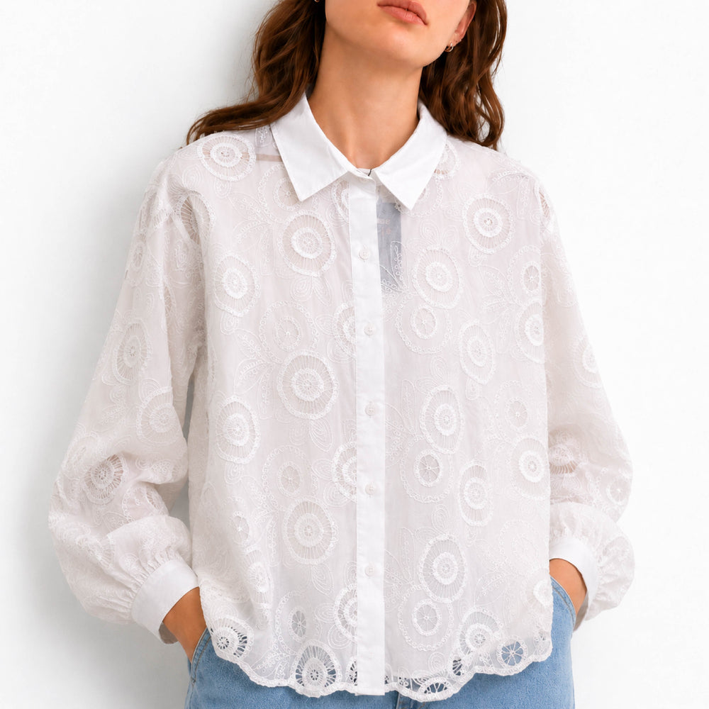 Embroidered Eyelet Lace White Button-Down Shirt