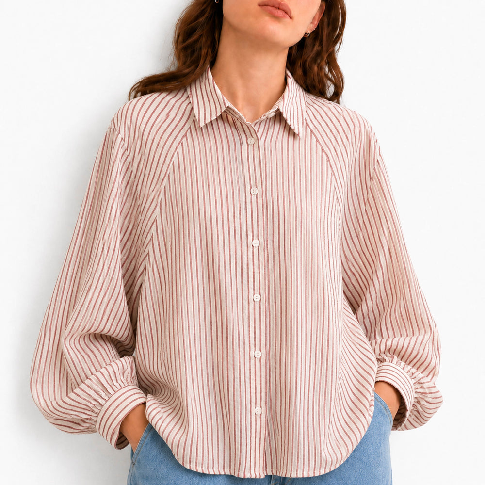 Raglan Balloon Sleeve Striped Cotton Shirt in Rose Pink