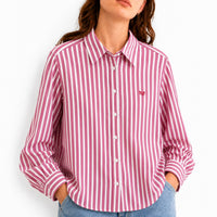 Embroidered Vertical Striped Pink Cotton Shirt