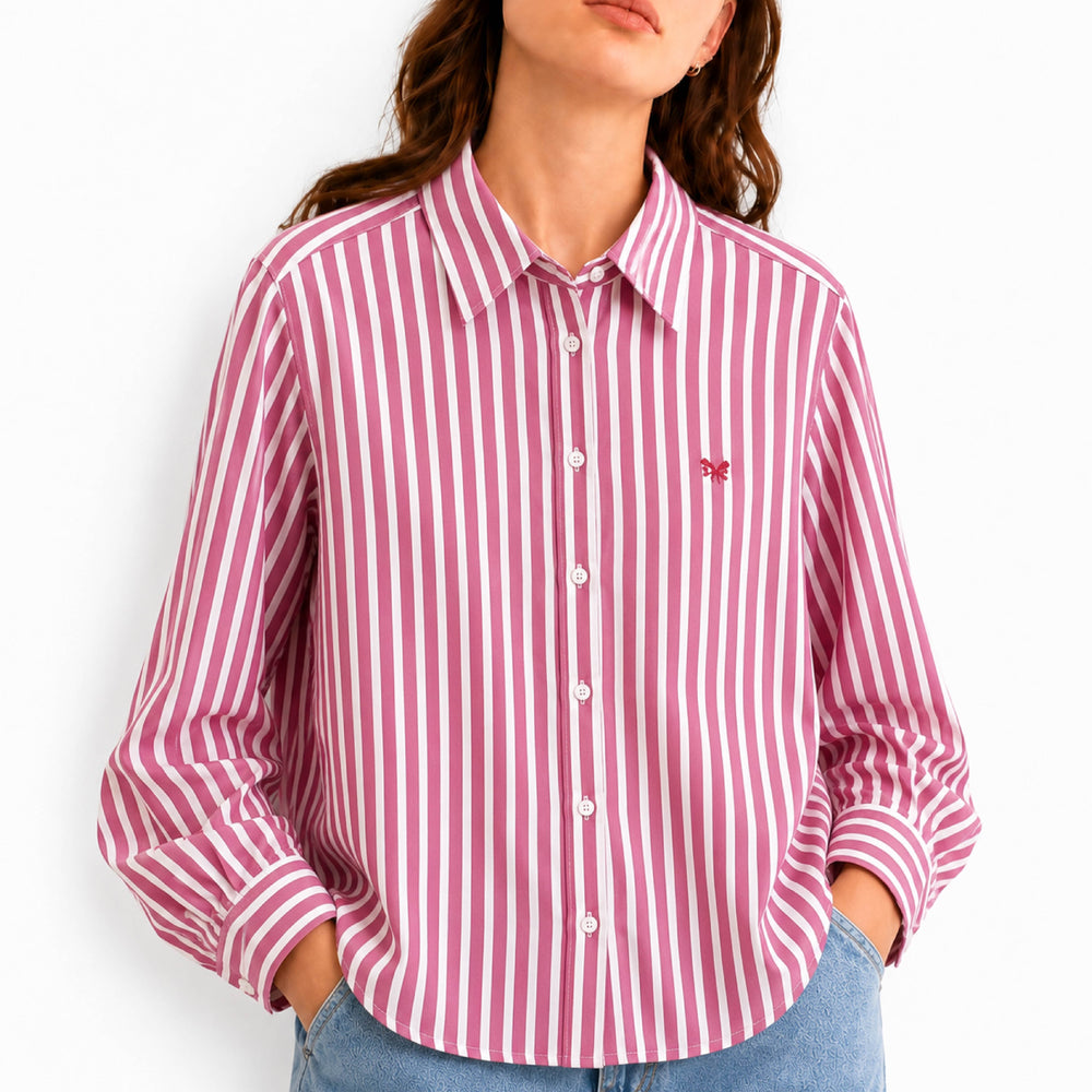 Embroidered Vertical Striped Pink Cotton Shirt