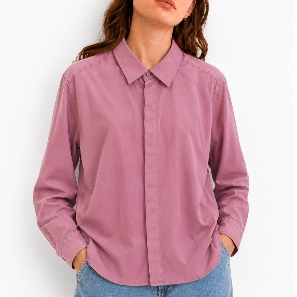 Concealed Placket Long-Sleeve Mauve Pink Shirt