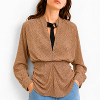 Ruched V-Neck Speckled Draped Beige Top