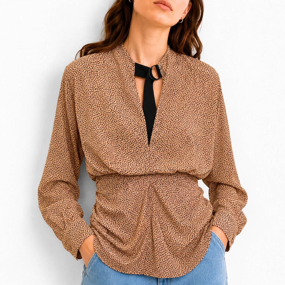 Ruched V-Neck Speckled Draped Beige Top
