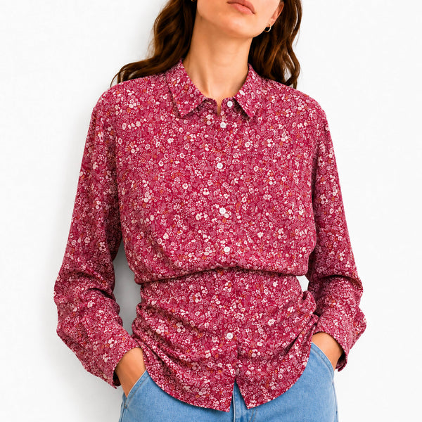 Floral Print Long-Sleeve Magenta Cotton Shirt
