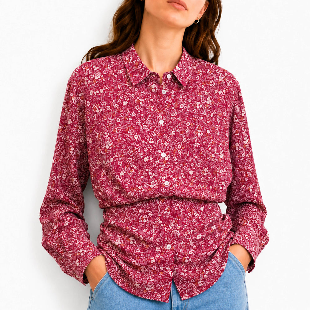 Floral Print Long-Sleeve Magenta Cotton Shirt