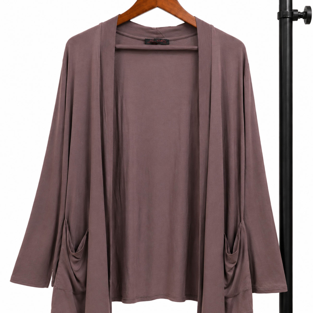 Open-Front Draped Pocketed Mauve Cardigan