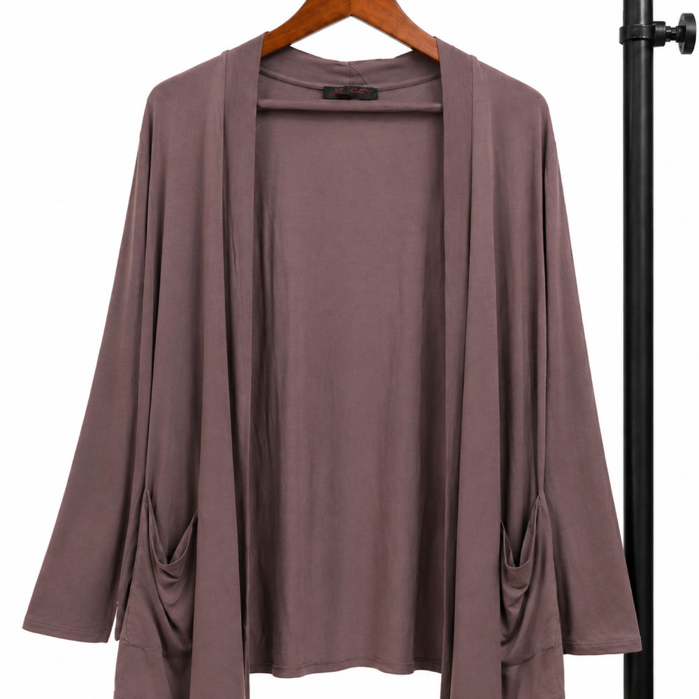 Open-Front Draped Pocketed Mauve Cardigan