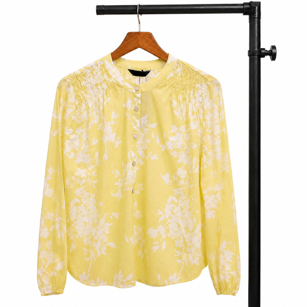 Smocked Floral Ruffled Shoulder Yellow Button-Down Shirt