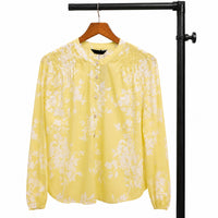 Smocked Floral Ruffled Shoulder Yellow Button-Down Shirt