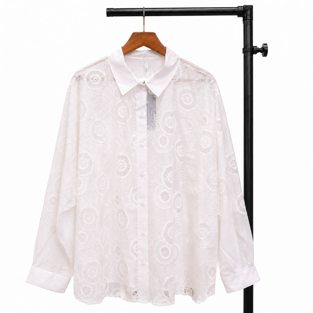 Embroidered Eyelet Lace White Button-Down Shirt - Back