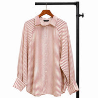Raglan Balloon Sleeve Striped Cotton Shirt in Rose Pink
