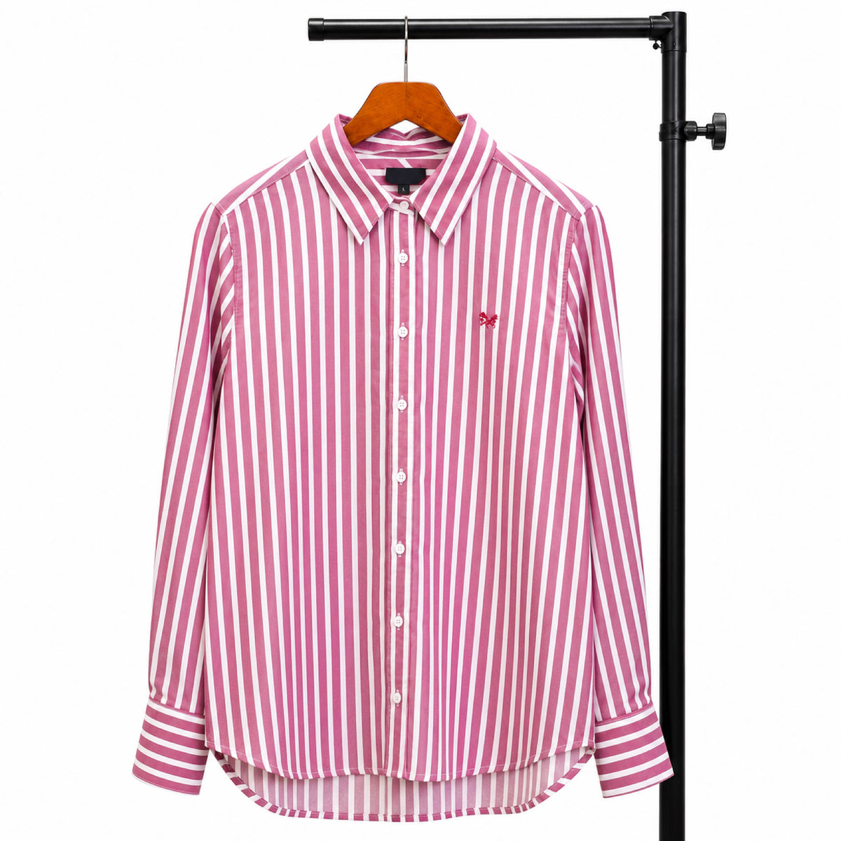 Embroidered Vertical Striped Pink Cotton Shirt