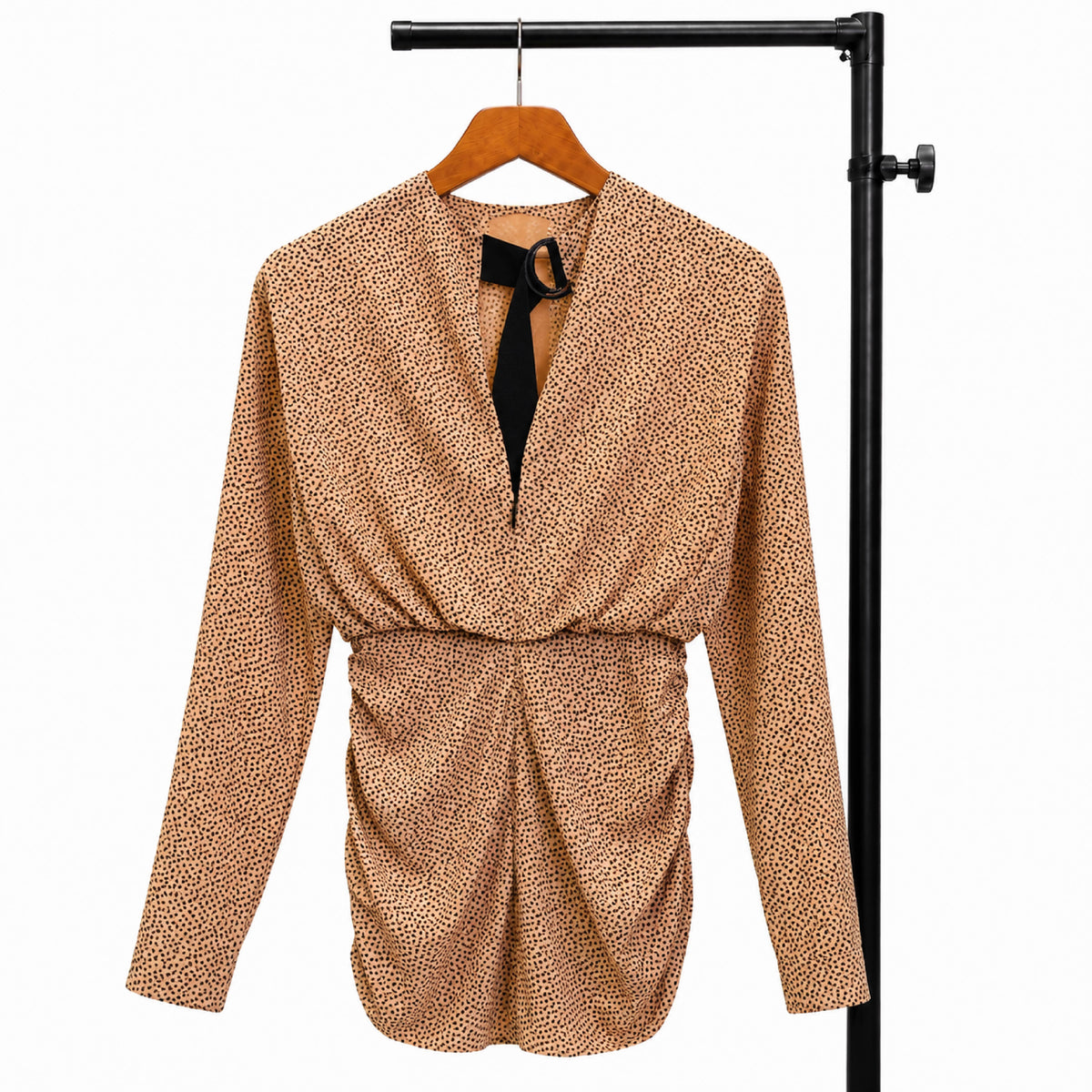 Ruched V-Neck Speckled Draped Beige Top