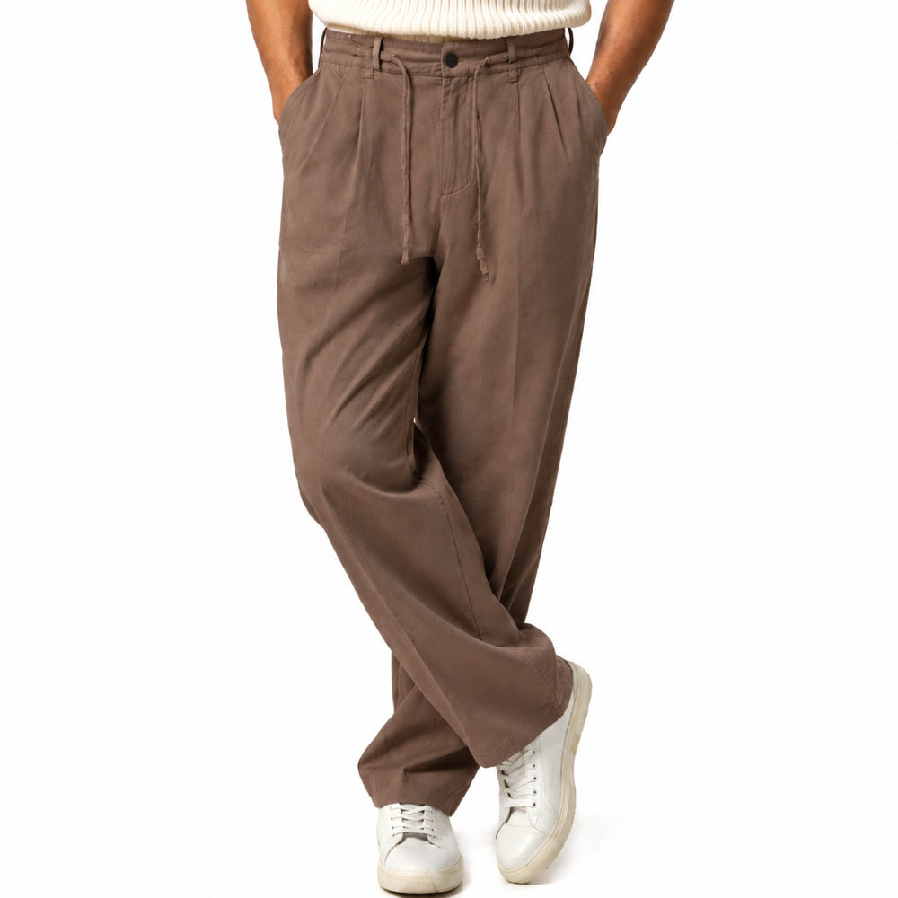 Pleated Drawstring Wide-Leg Mocha Brown Trousers - Back