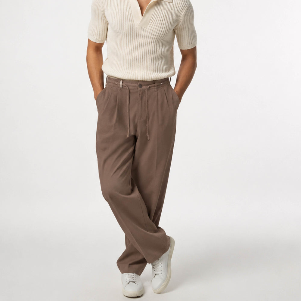 Pleated Drawstring Wide-Leg Mocha Brown Trousers