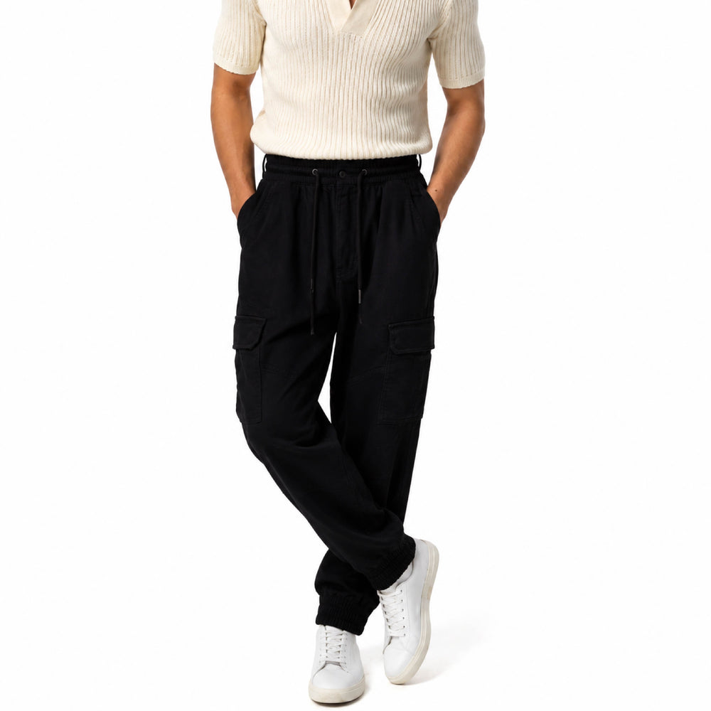 Drawstring Elastic Cuffed Cargo Pants in Black