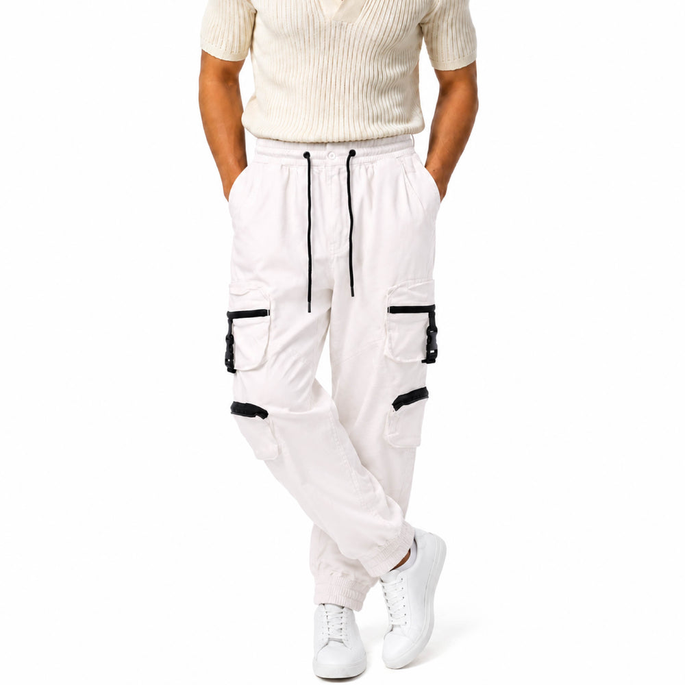 Multi-Pocket Tactical Drawstring Cargo Pants in White