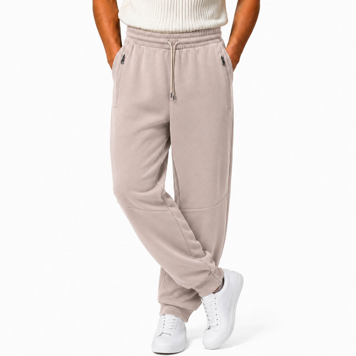 Zipper Pocket Fleece Drawstring Sweatpants in Beige