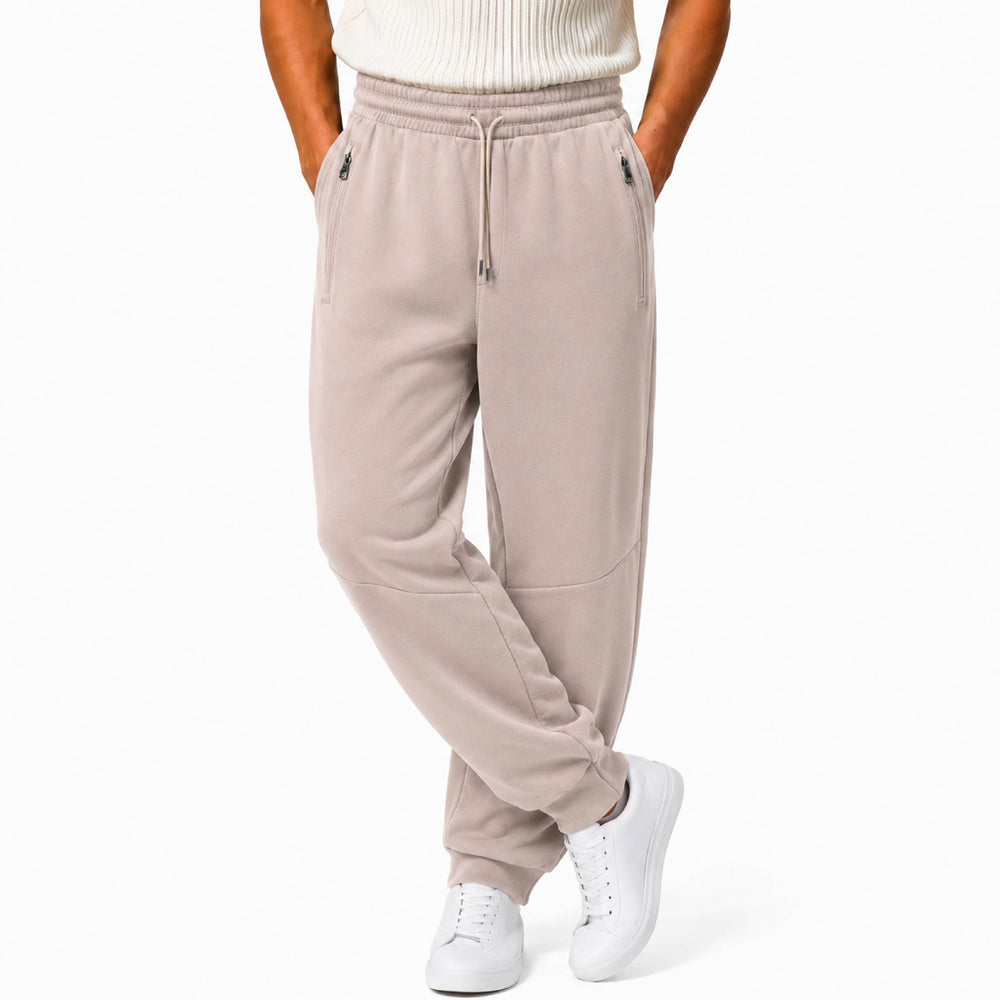 Zipper Pocket Fleece Drawstring Sweatpants in Beige