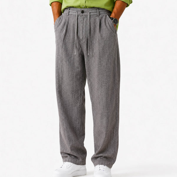 Pleated Drawstring Elastic Waist Grey Trousers