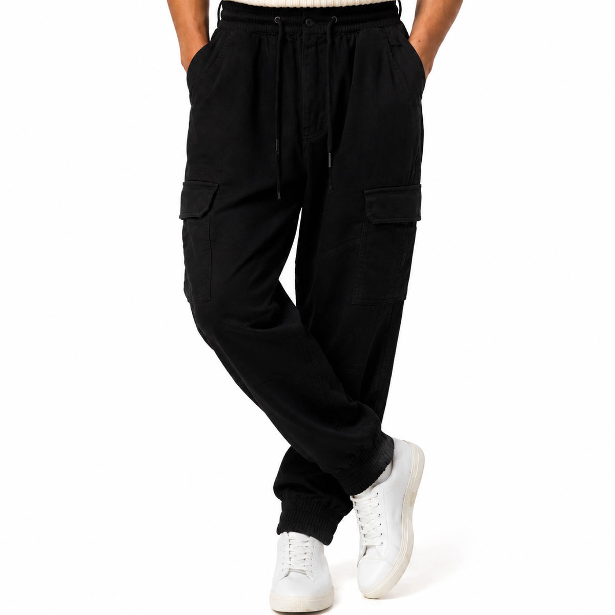 Drawstring Elastic Cuffed Cargo Pants in Black