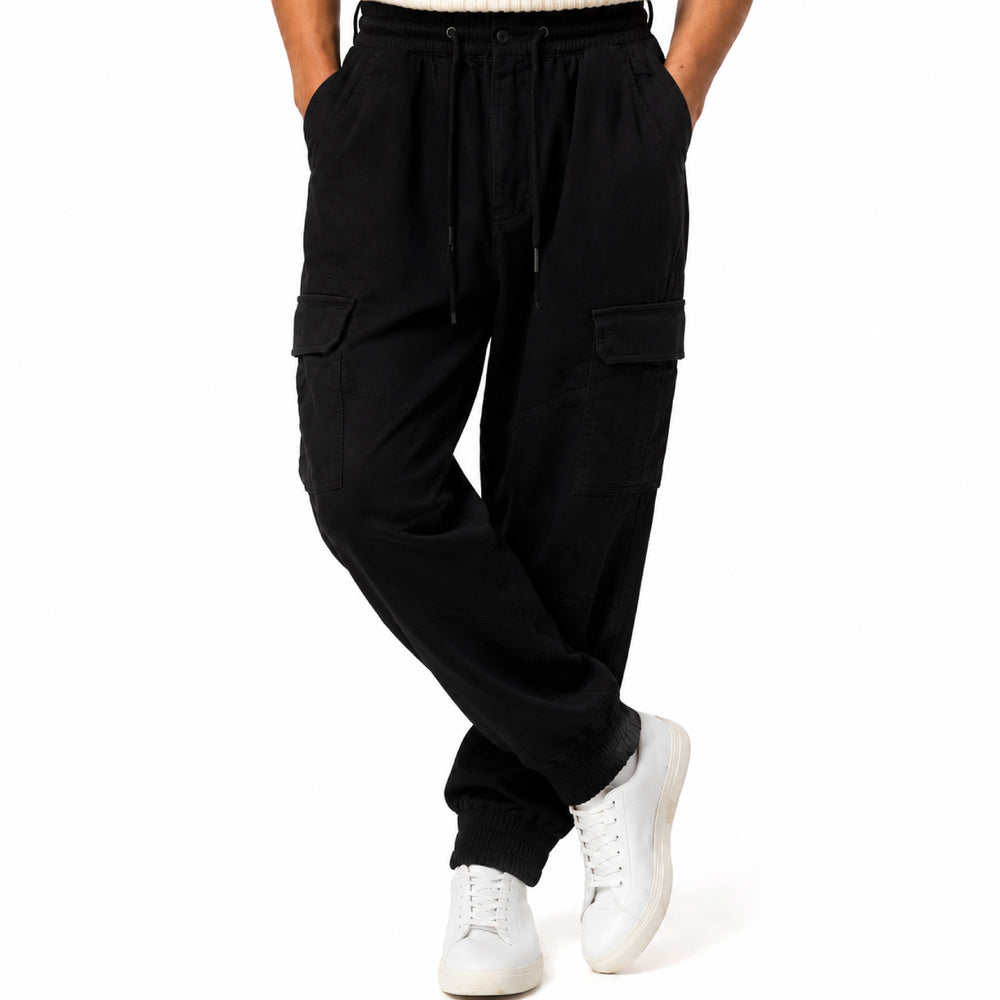 Drawstring Elastic Cuffed Cargo Pants in Black - Back