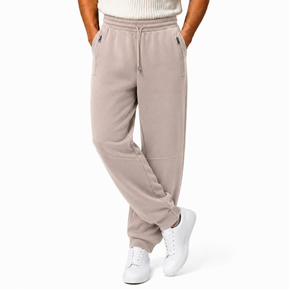 Zipper Pocket Fleece Drawstring Sweatpants in Beige - Back