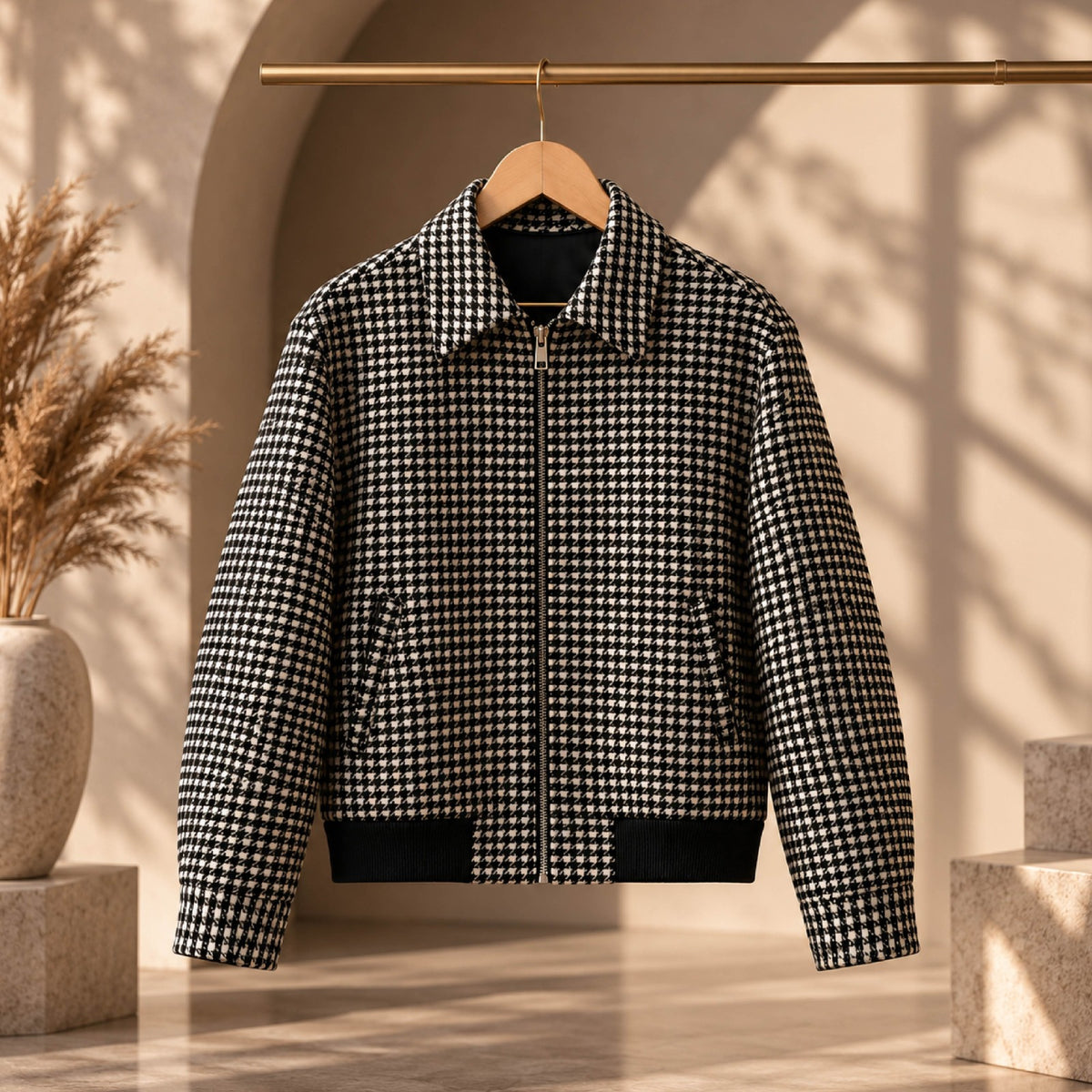 Houndstooth Zip-Up Bomber Jacket