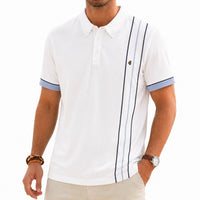 HENRY Vertical Stripe Button-Down Collar White Polo Shirt