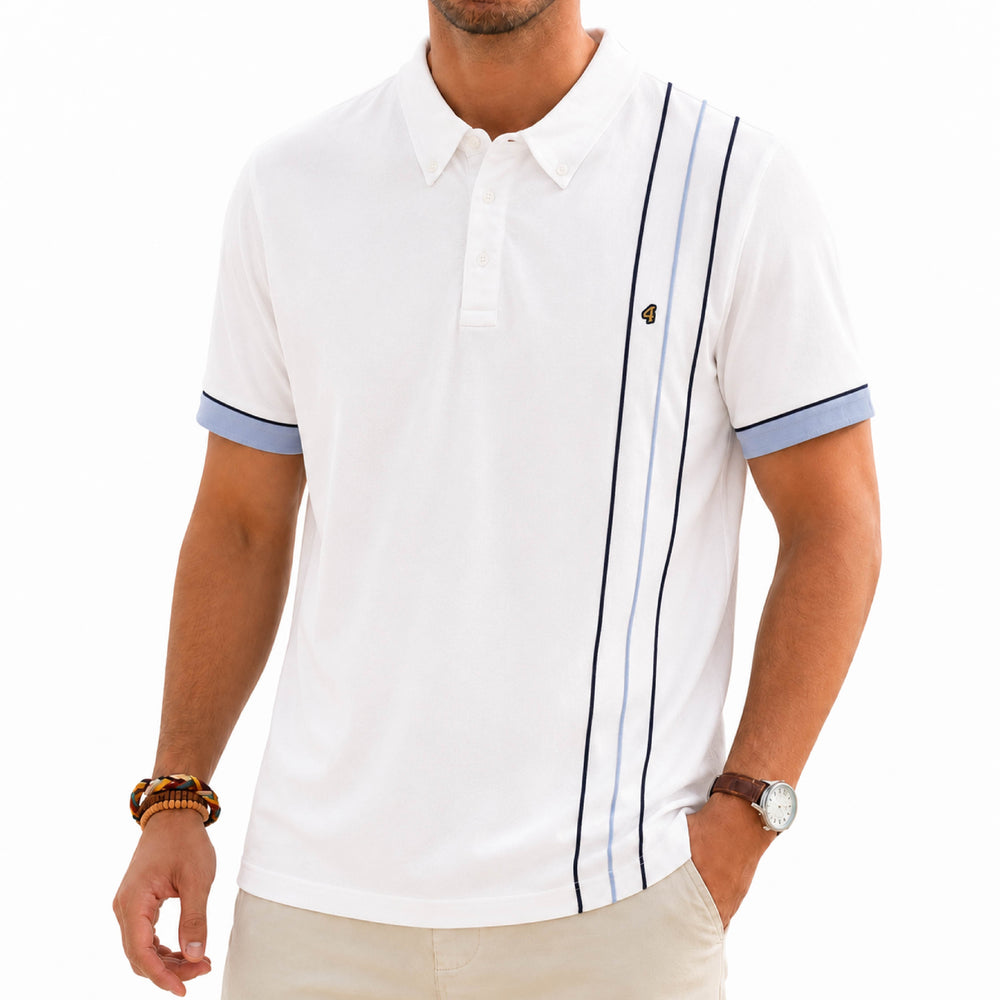HENRY Vertical Stripe Button-Down Collar White Polo Shirt