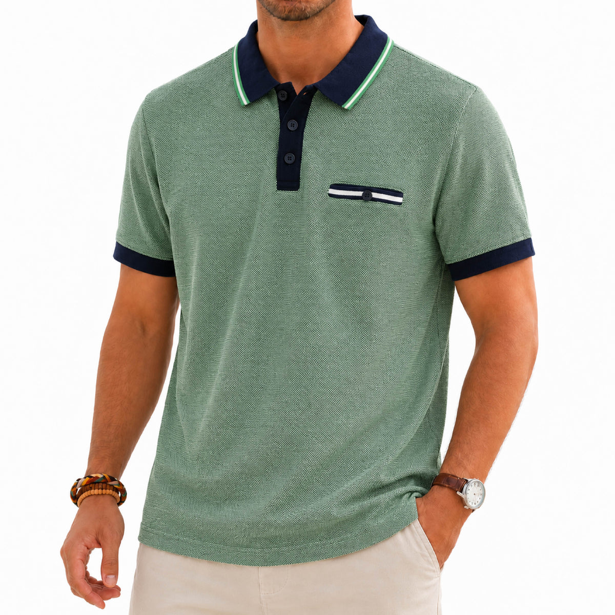 BRUMANO Contrast Trim Textured Sage Green Polo Shirt