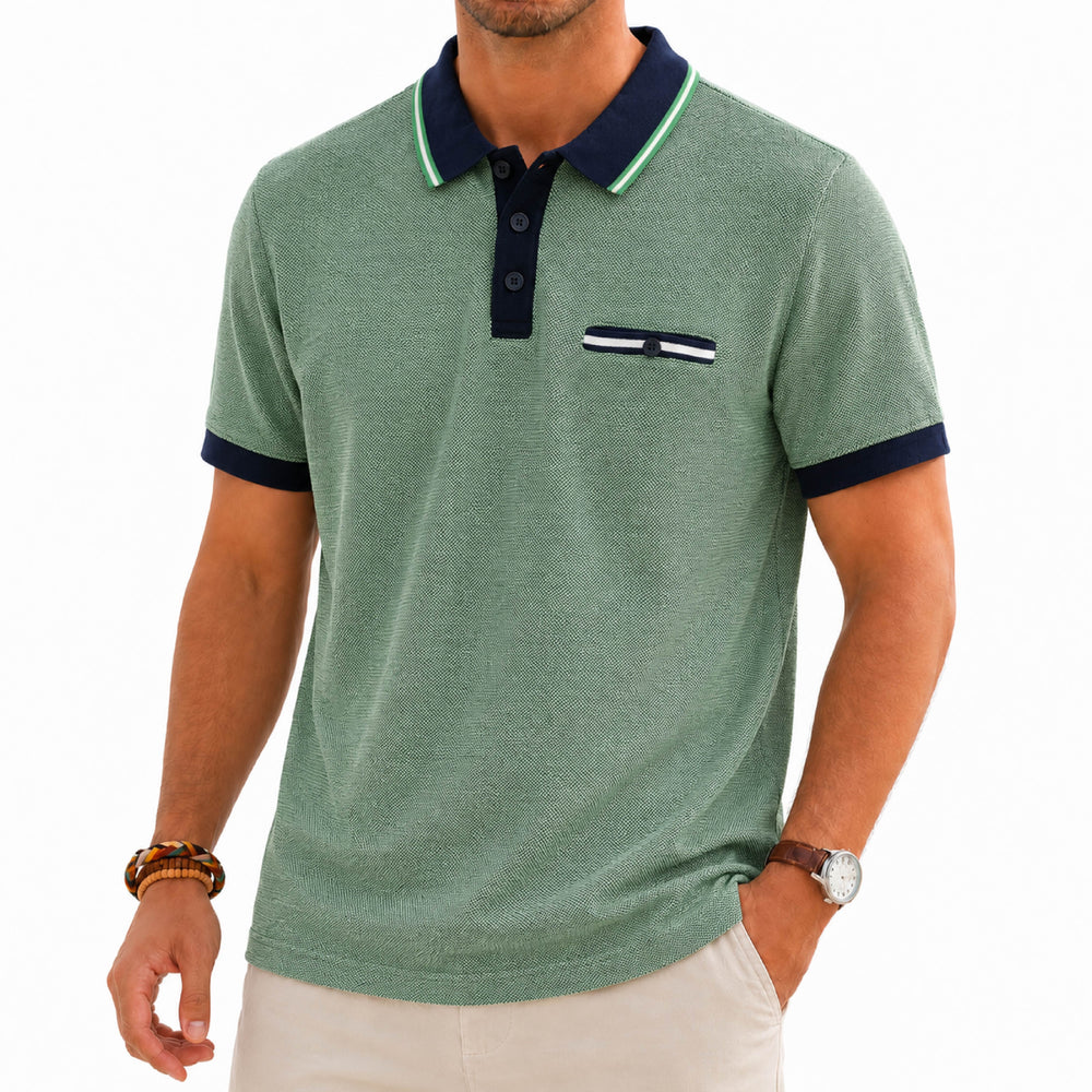 BRUMANO Contrast Trim Textured Sage Green Polo Shirt