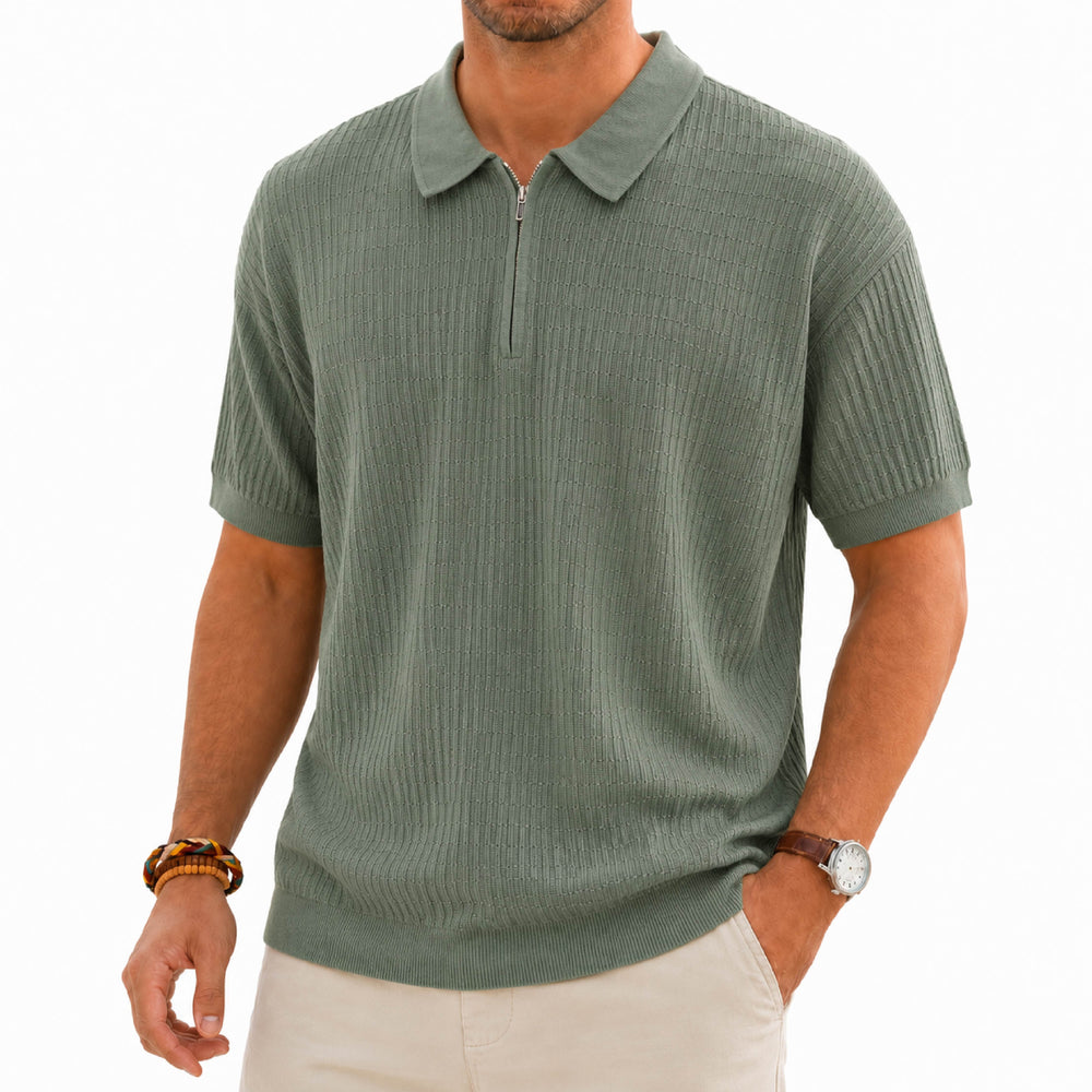 COVERNAT Textured Cable Knit Half-Zip Sage Polo Shirt