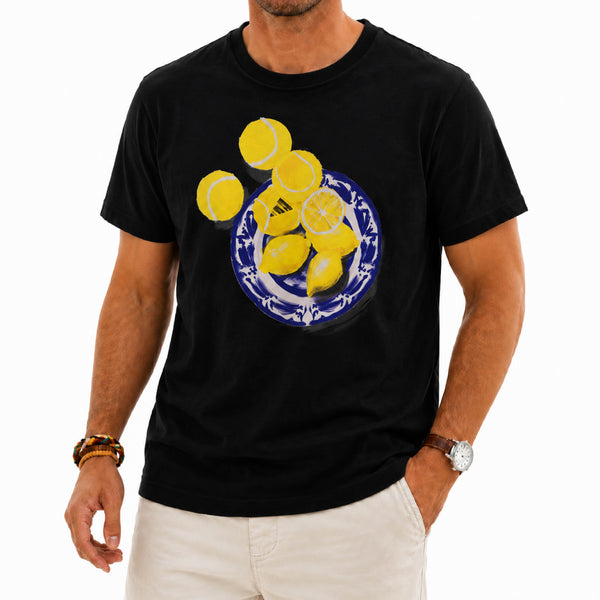 Lemons & Tennis Balls Ceramic Plate Graphic Black T-Shirt